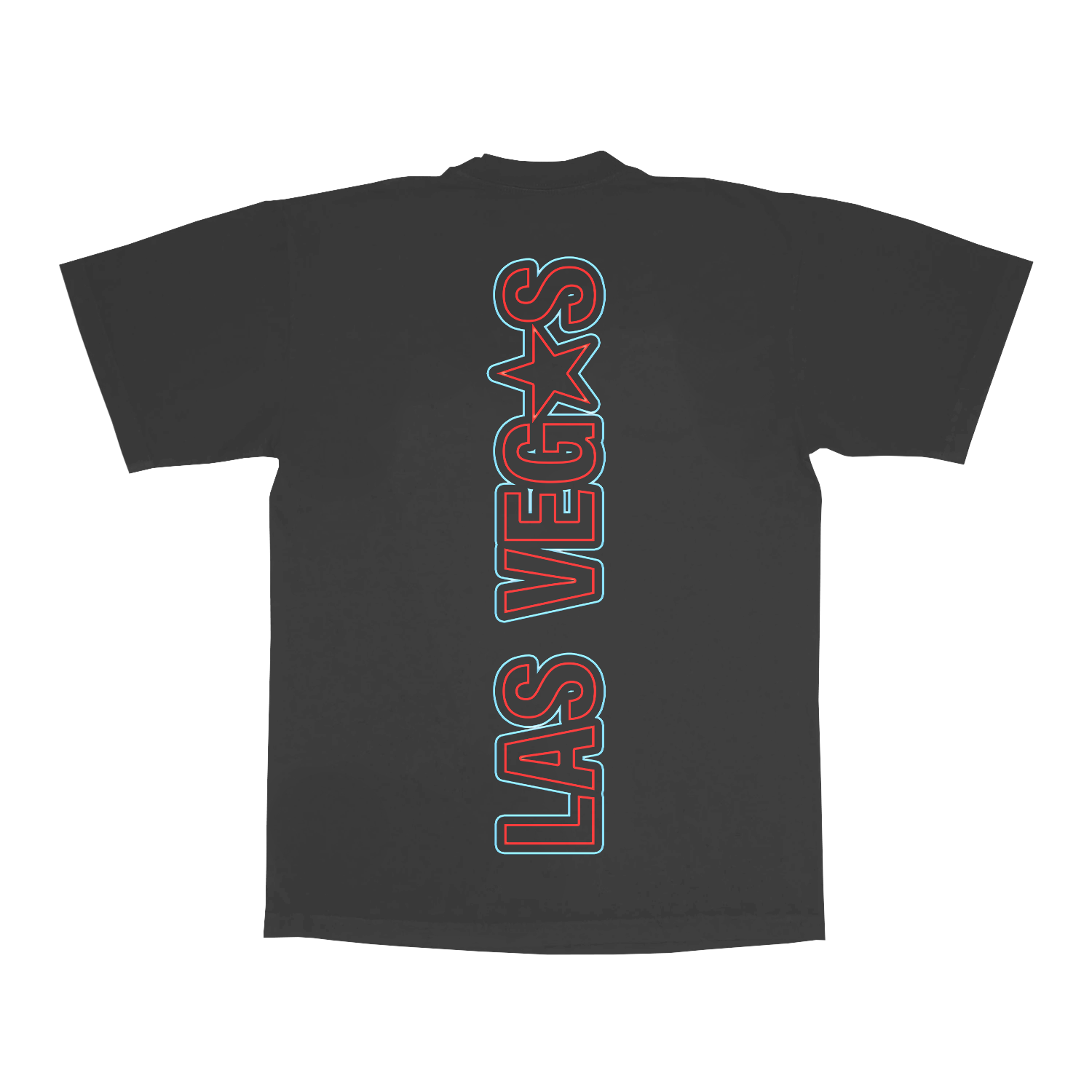 Beyoncé LV web exclusive tee back in grey featuring bold Las Vegas inspired vertical graphic with neon red and blue Cowboy Carter tour design