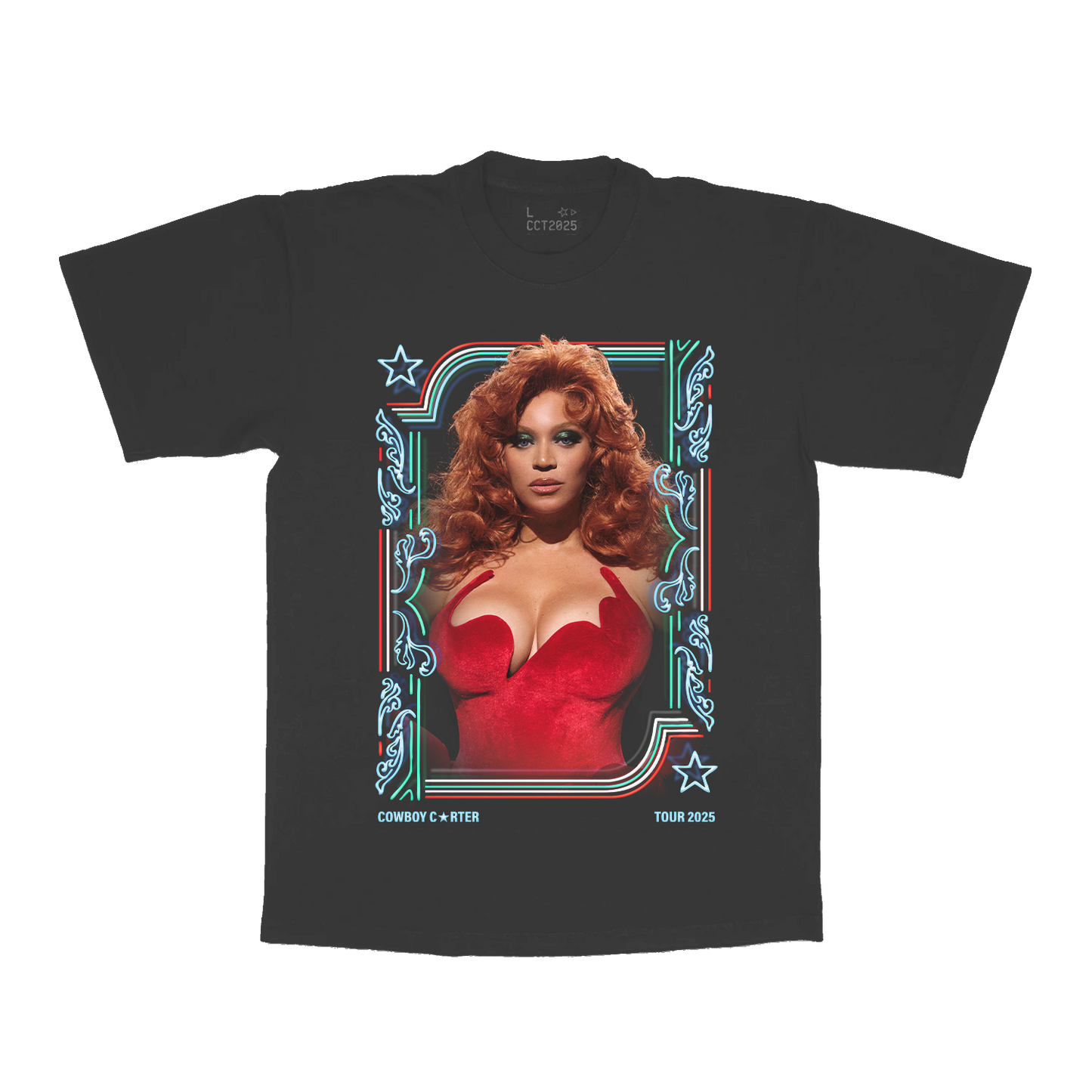 Beyoncé LV web exclusive tee front in grey with glamorous Cowboy Carter portrait graphic framed by western neon artwork and tour inspired styling