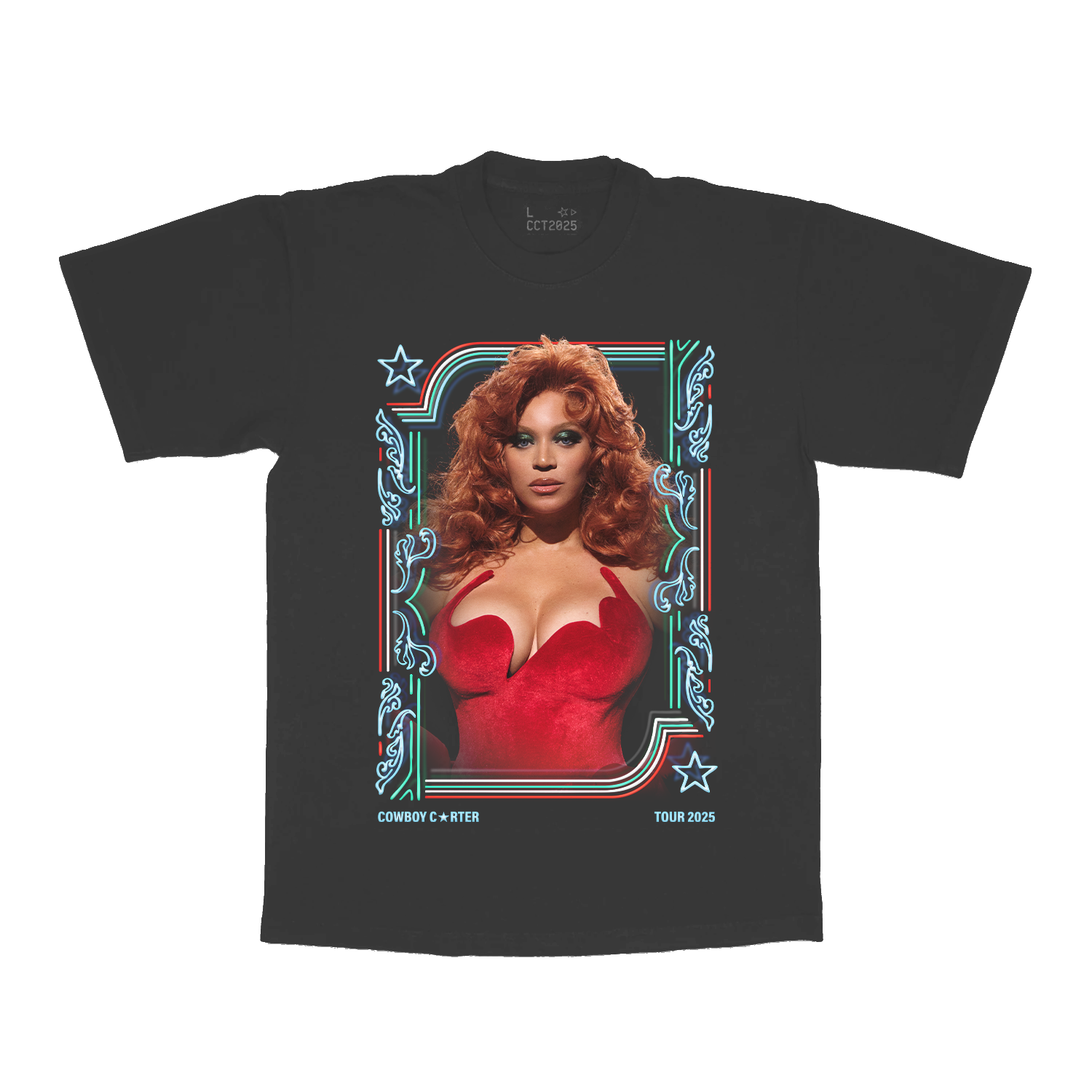Beyoncé LV web exclusive tee front in grey with glamorous Cowboy Carter portrait graphic framed by western neon artwork and tour inspired styling