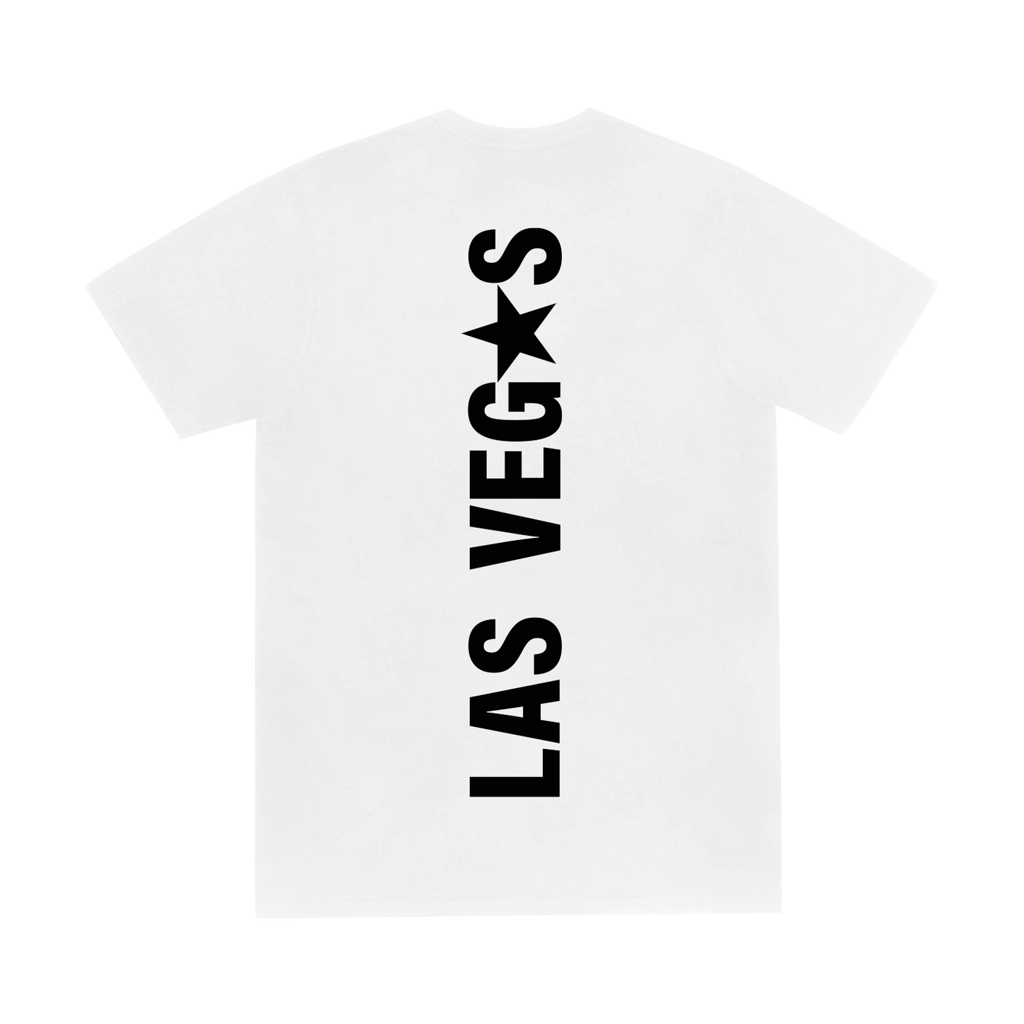 Beyoncé LV web exclusive tee back in white featuring bold black Las Vegas inspired vertical Cowboy Carter graphic with minimalist tour styling