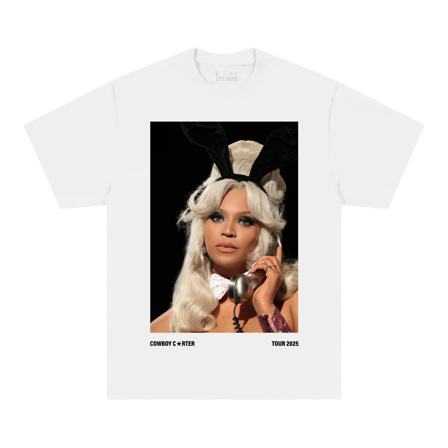 Beyoncé LV web exclusive tee front in white with vintage inspired Cowboy Carter bunny portrait graphic and tour 2025 design details