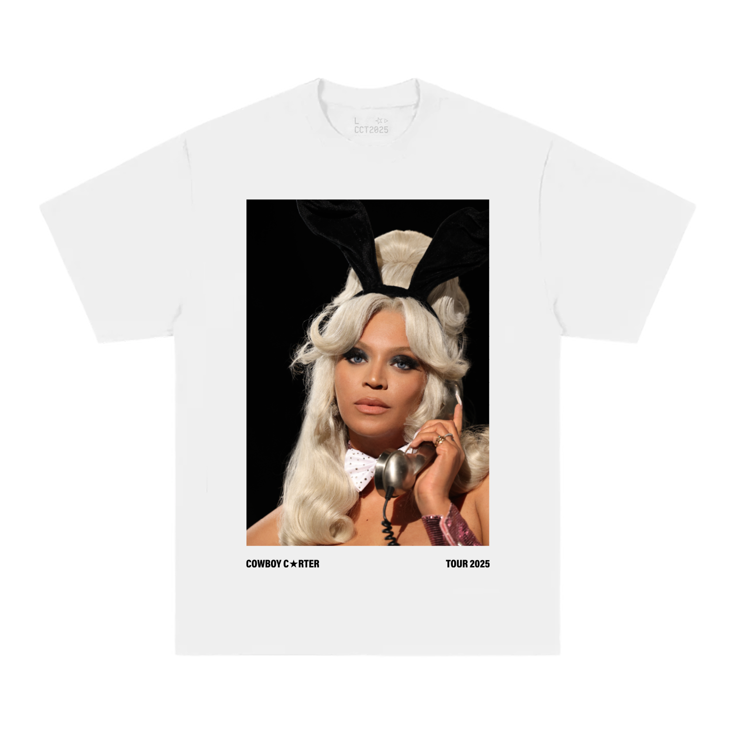 Beyoncé LV web exclusive tee front in white with vintage inspired Cowboy Carter bunny portrait graphic and tour 2025 design details