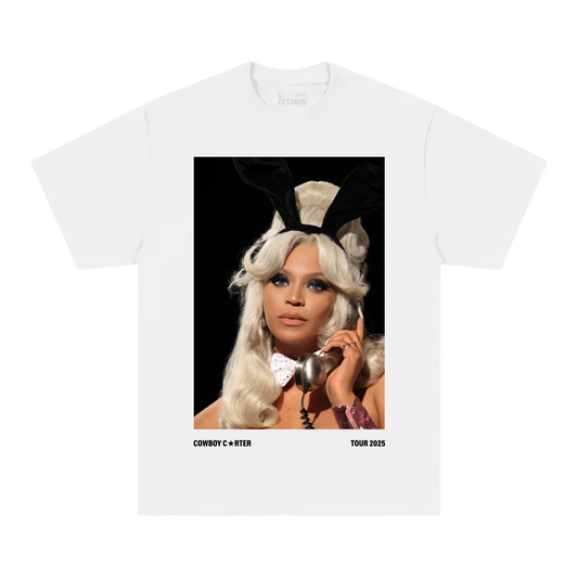 Beyoncé LV web exclusive tee front in white with vintage inspired Cowboy Carter bunny portrait graphic and tour 2025 design details
