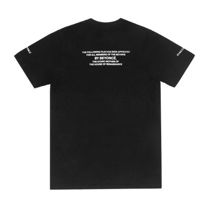 Black Beyoncé merch 10s short sleeve tee back view with white House of Renaissance approval text