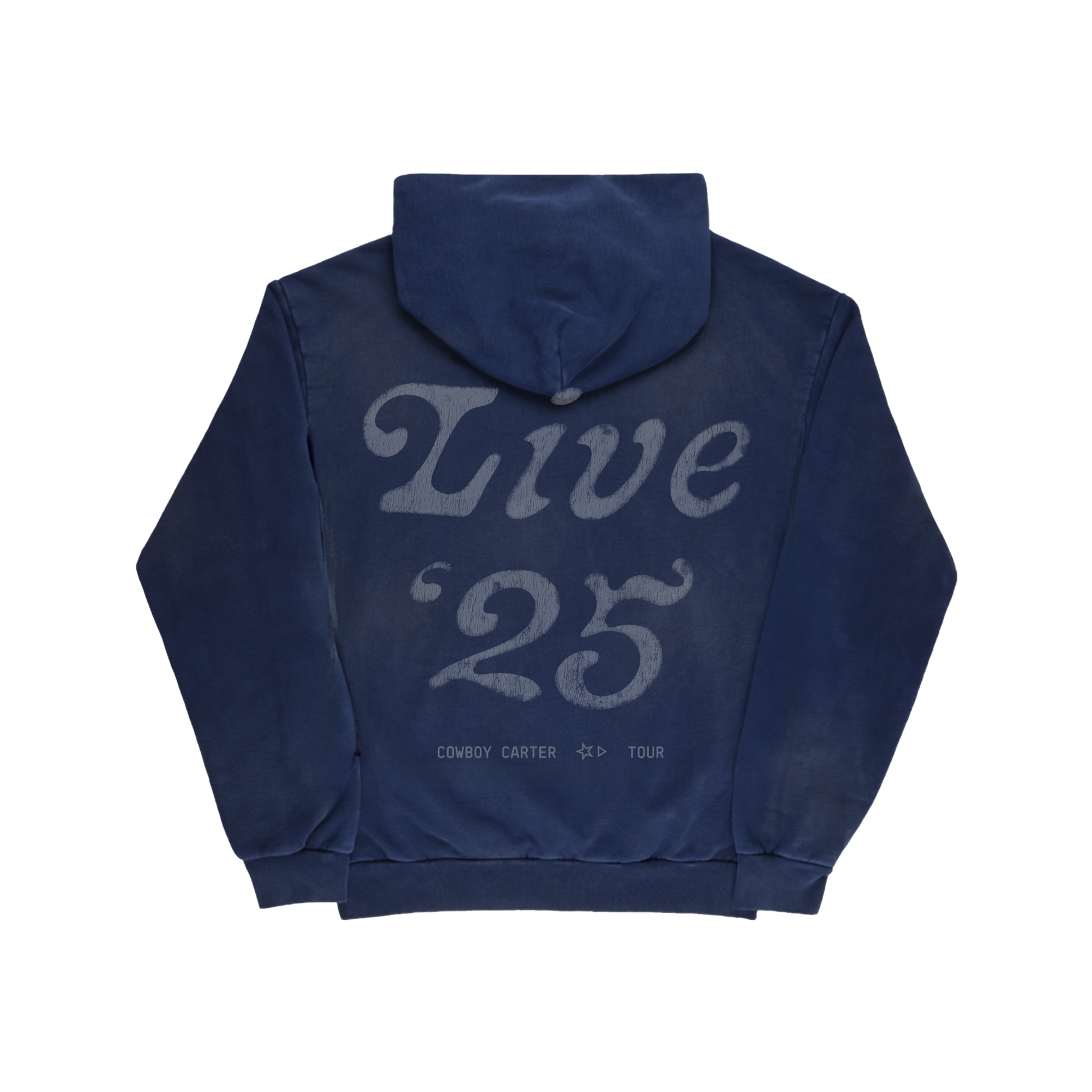 Beyoncé 16 Carriages navy pullover hoodie back with Live 25 Cowboy Carter tour print