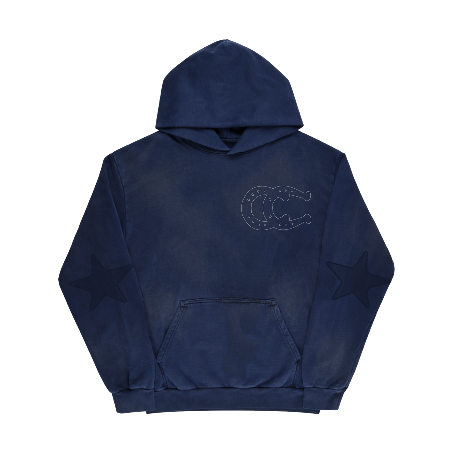 Beyoncé 16 Carriages navy pullover hoodie front with horseshoe chest graphic and sleeve stars
