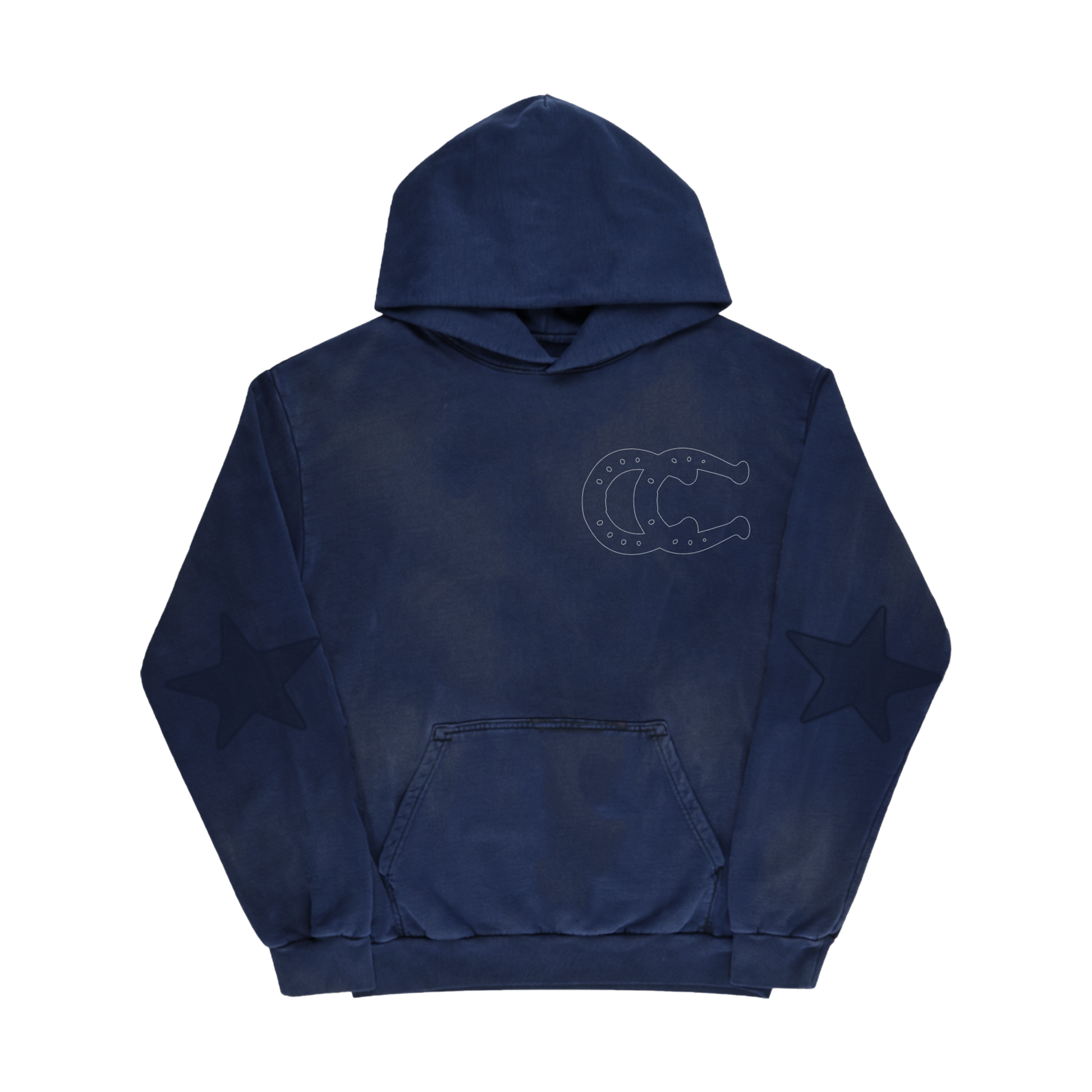 Beyoncé 16 Carriages navy pullover hoodie front with horseshoe chest graphic and sleeve stars