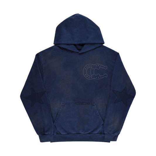 Beyoncé 16 Carriages navy pullover hoodie front with horseshoe chest graphic and sleeve stars