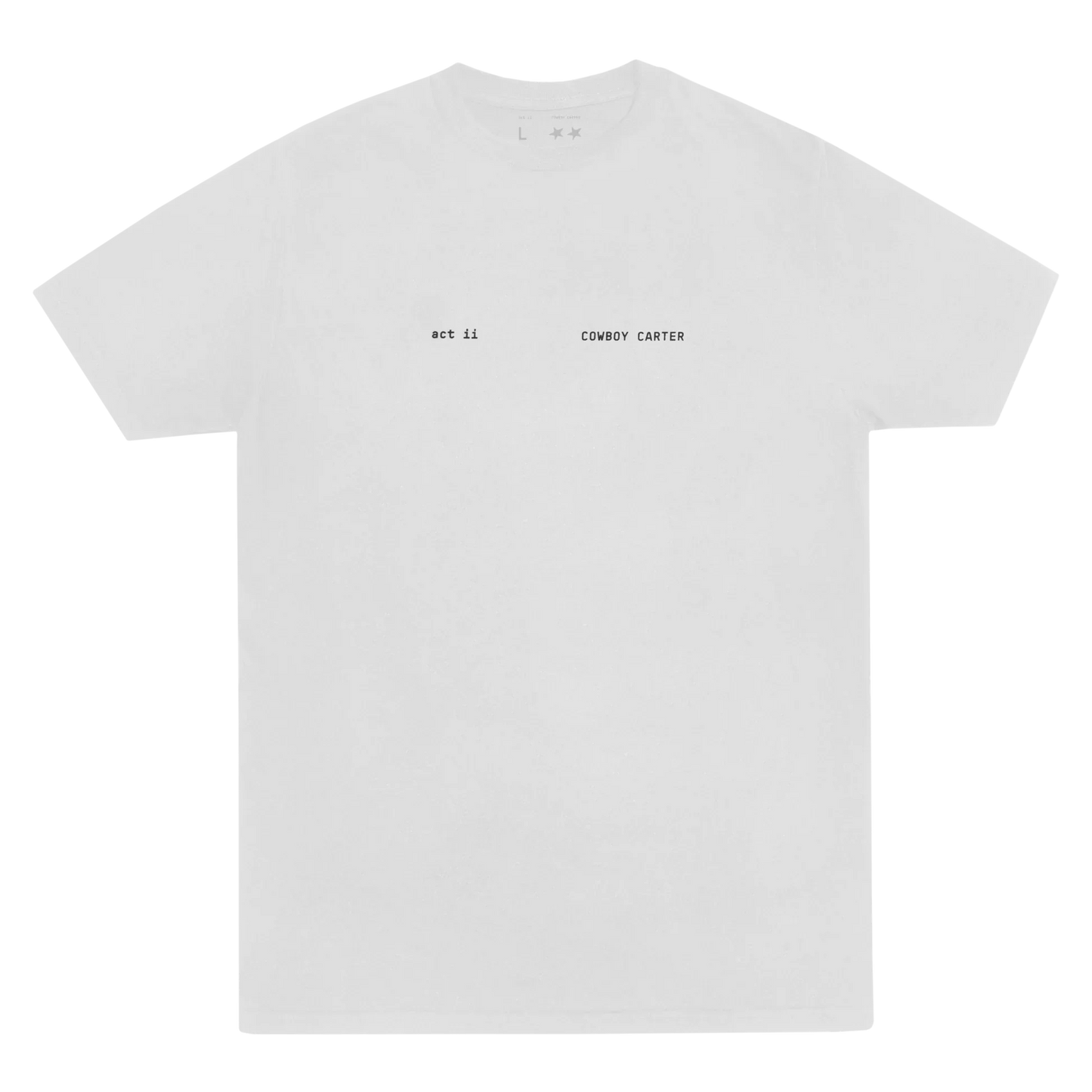 White Act II short sleeve tee back view with minimal act ii and Cowboy Carter text design