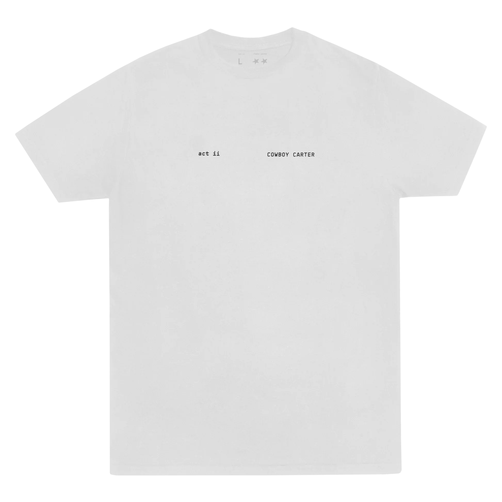 White Act II short sleeve tee back view with minimal act ii and Cowboy Carter text design