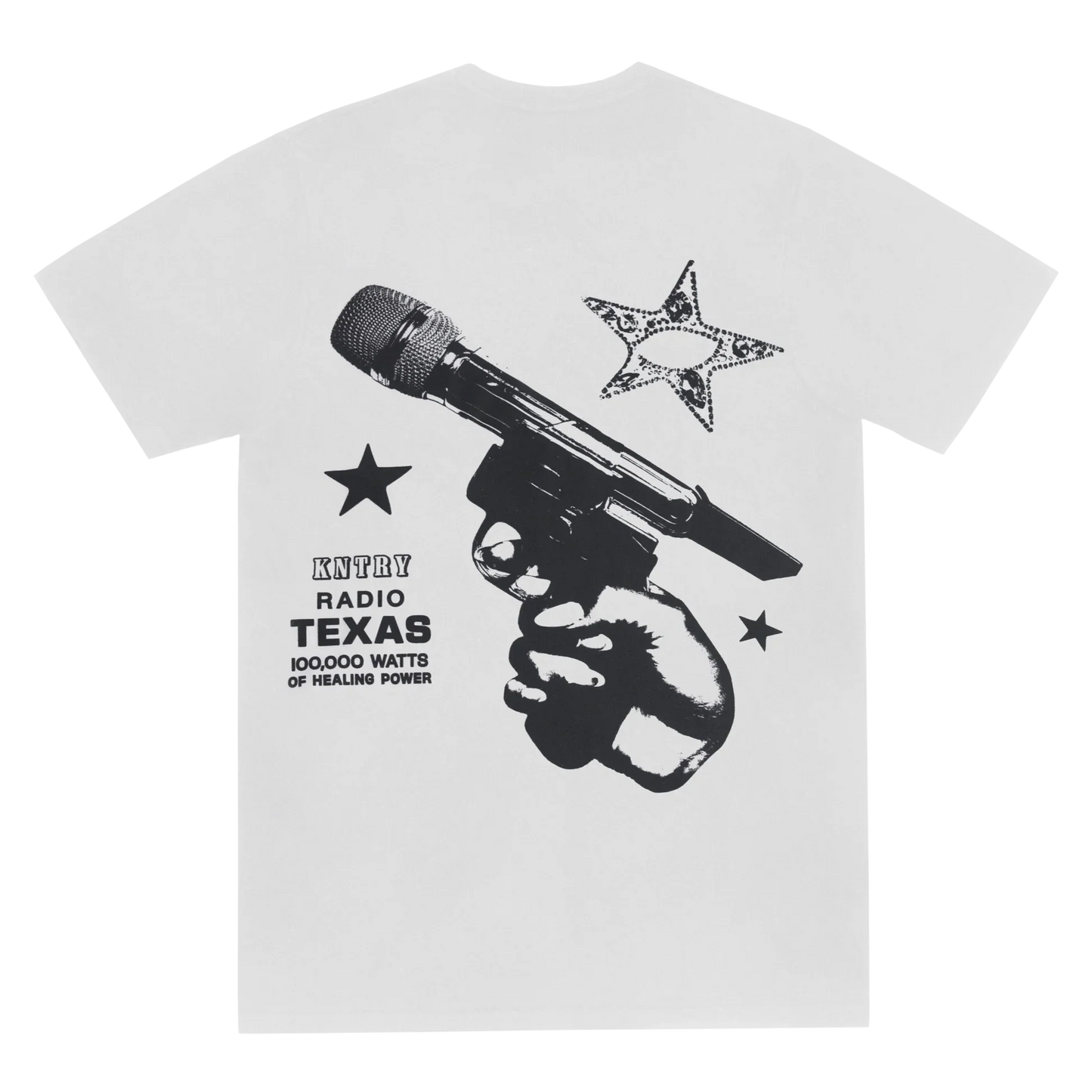 White Act II short sleeve tee with microphone pistol graphic, stars, and KNTRY radio text on front