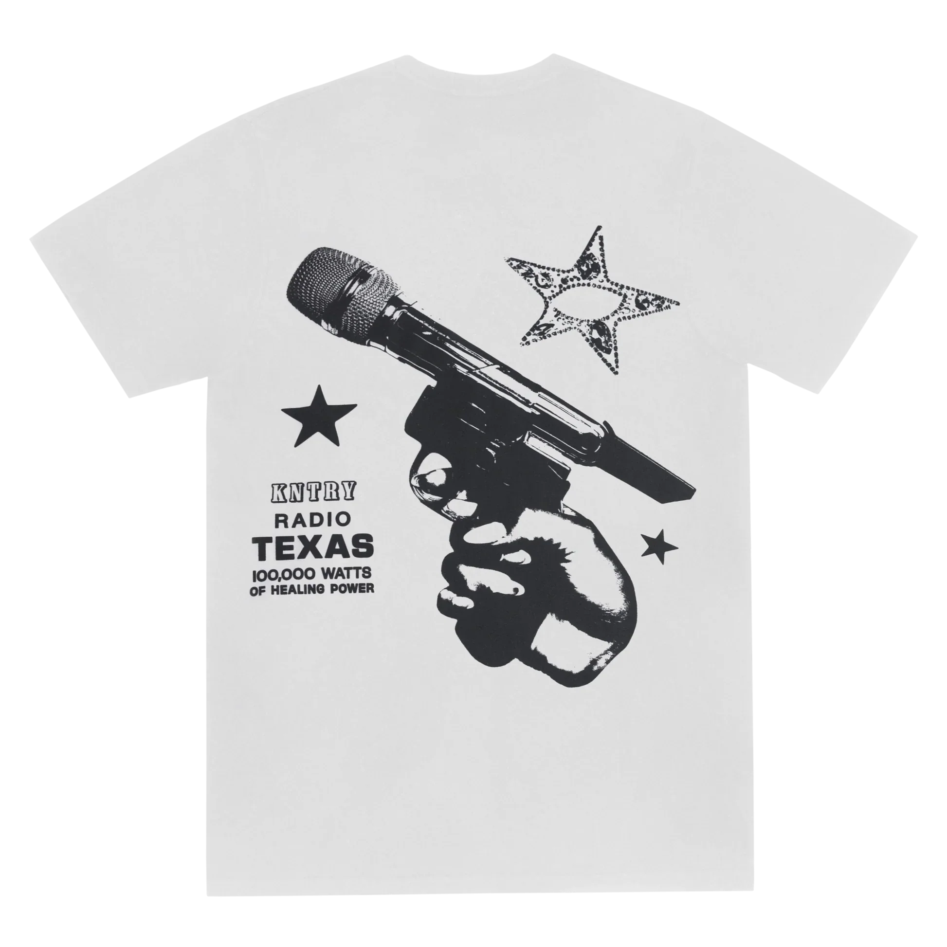 White Act II short sleeve tee with microphone pistol graphic, stars, and KNTRY radio text on front