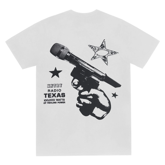 White Act II short sleeve tee with microphone pistol graphic, stars, and KNTRY radio text on front