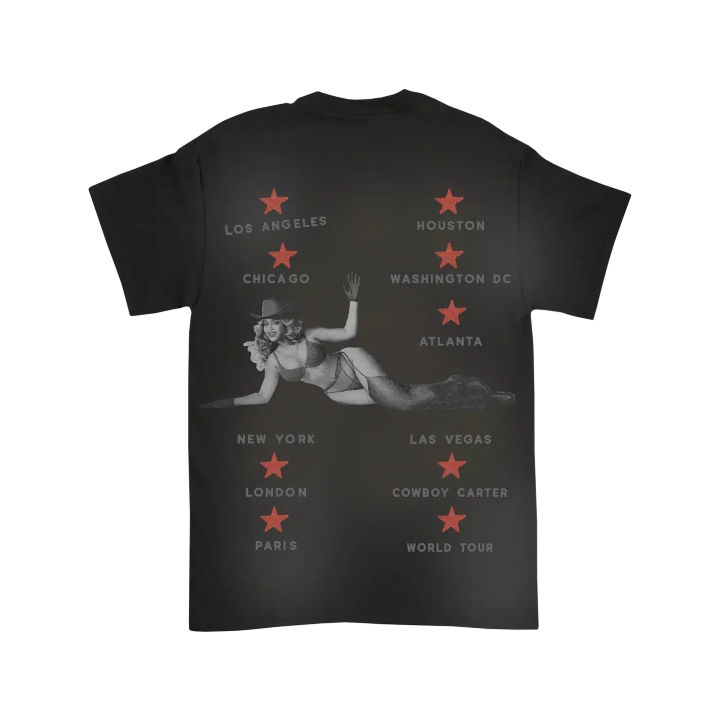 Beyoncé Amen Tour black tee back with city list, red stars, and Cowboy Carter tour graphic