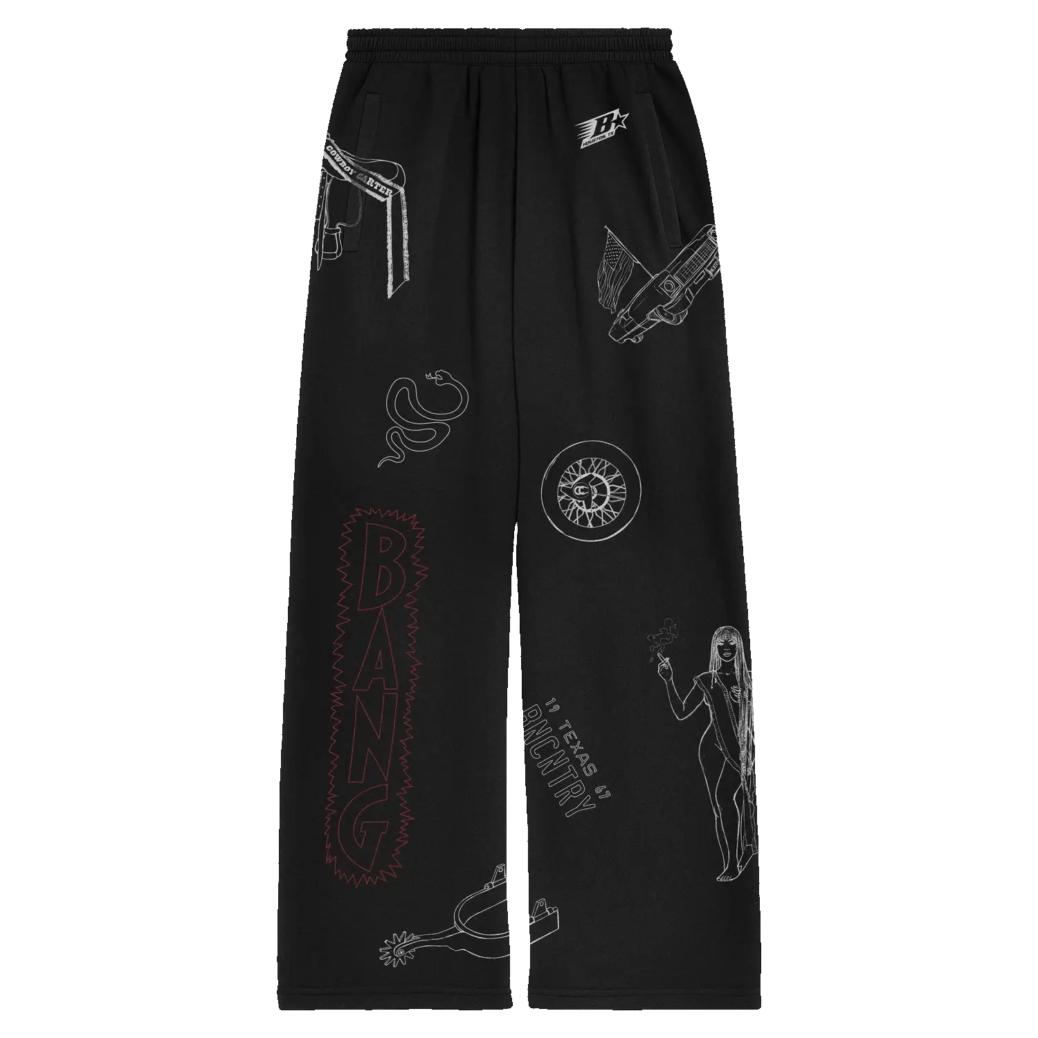 Been Country black sweats with western outline graphics, Beyoncé merch front view