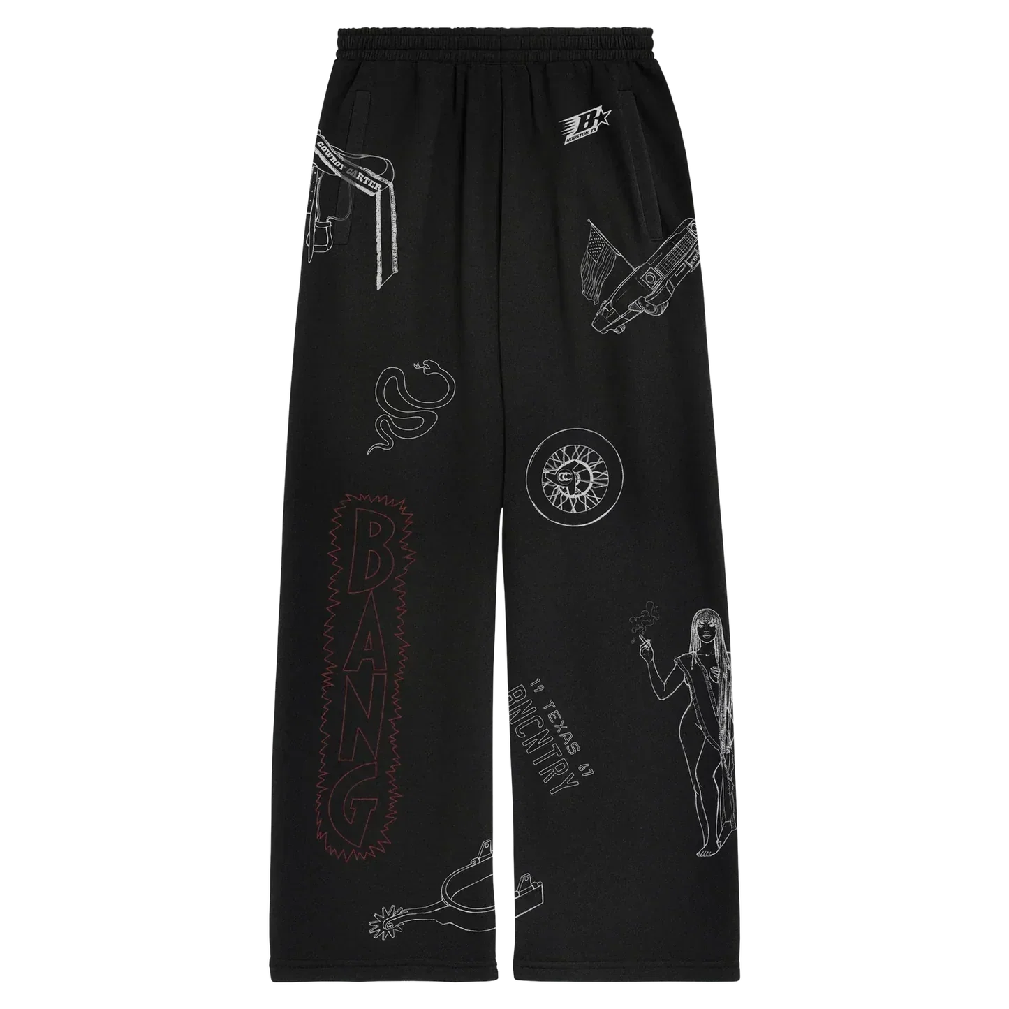Been Country black sweats with mixed rodeo graphics, Beyoncé merch front view