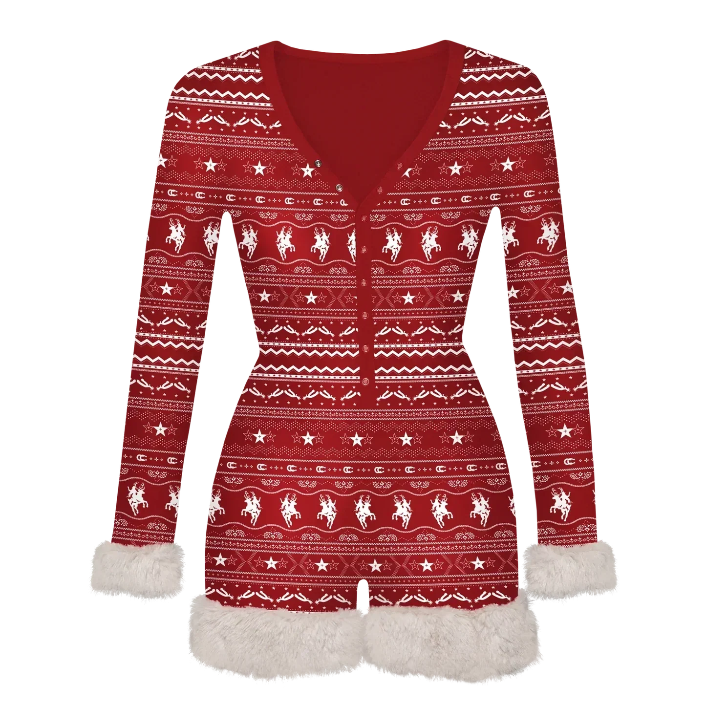 Been Country red fur romper PJ with western holiday pattern, Beyoncé merch back view