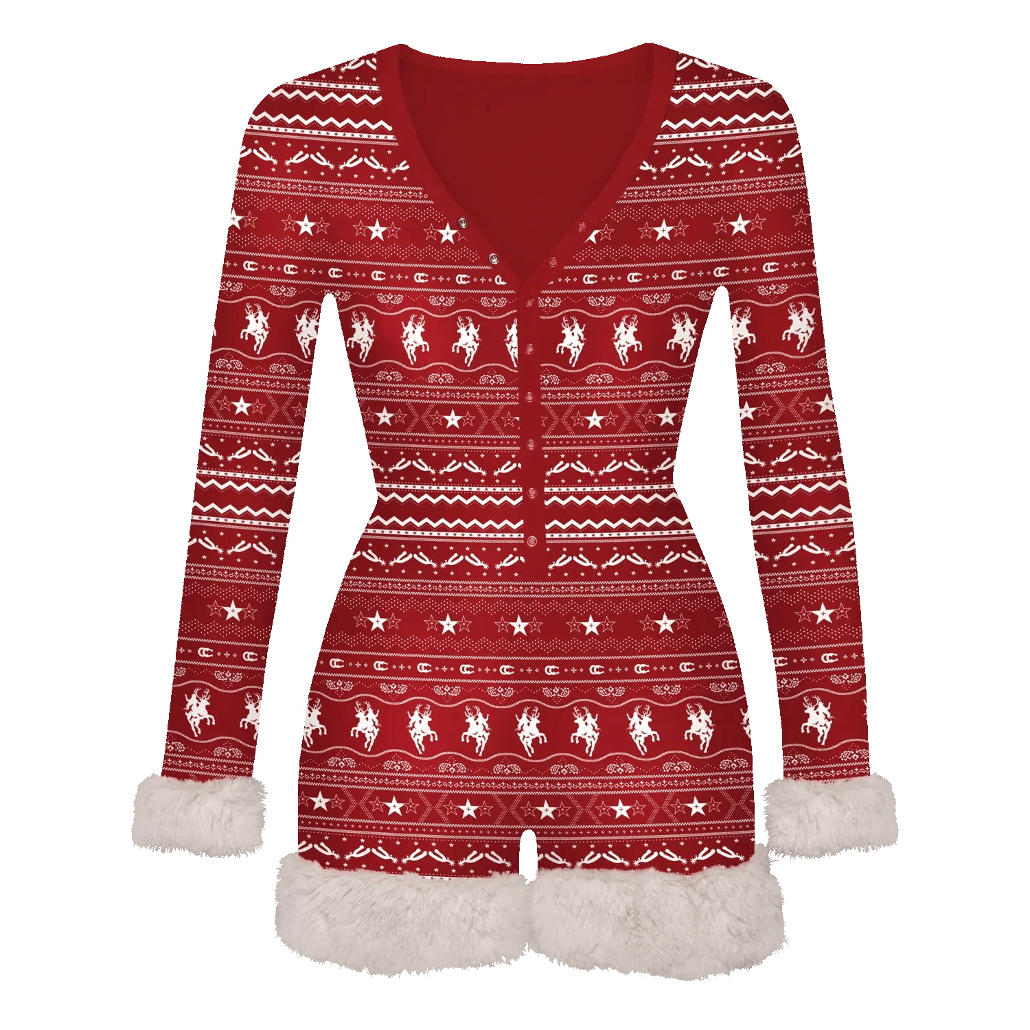 Been Country red fur romper PJ with western holiday pattern, Beyoncé merch front view