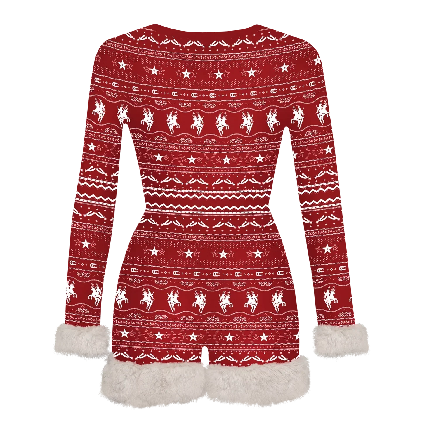 Been Country red fur romper PJ with white faux fur trim, Beyoncé merch front view
