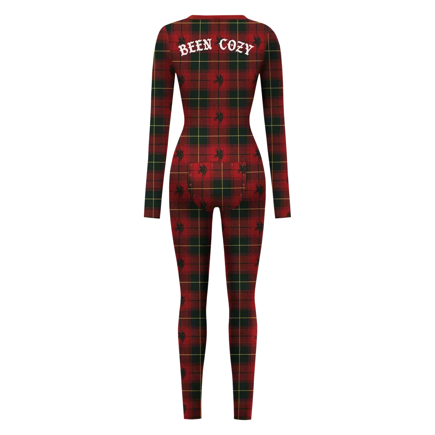 Been Cozy red and green plaid onesie with white back logo, Beyoncé merch back view