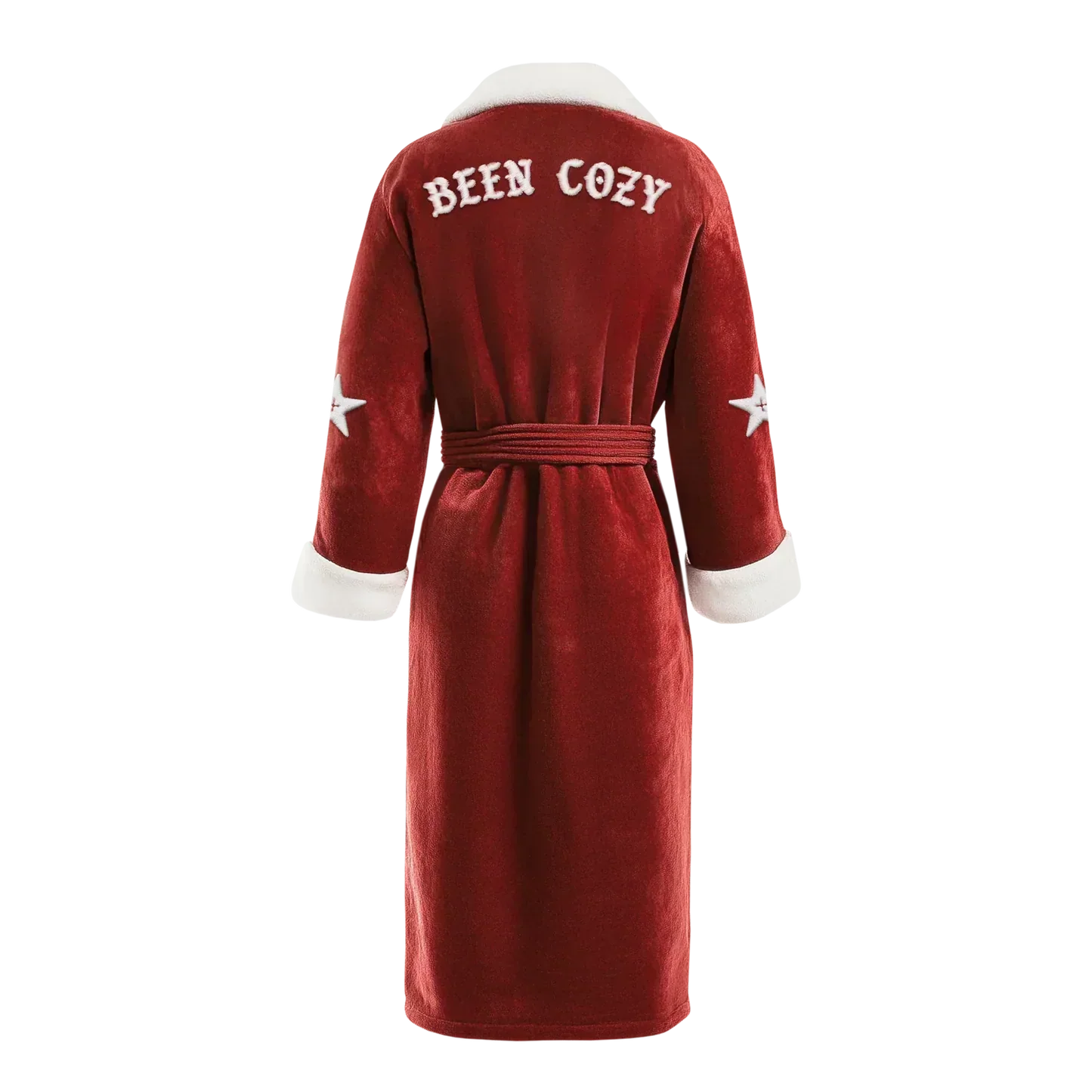 Been Cozy red robe with white back logo and white trim, Beyoncé merch back view