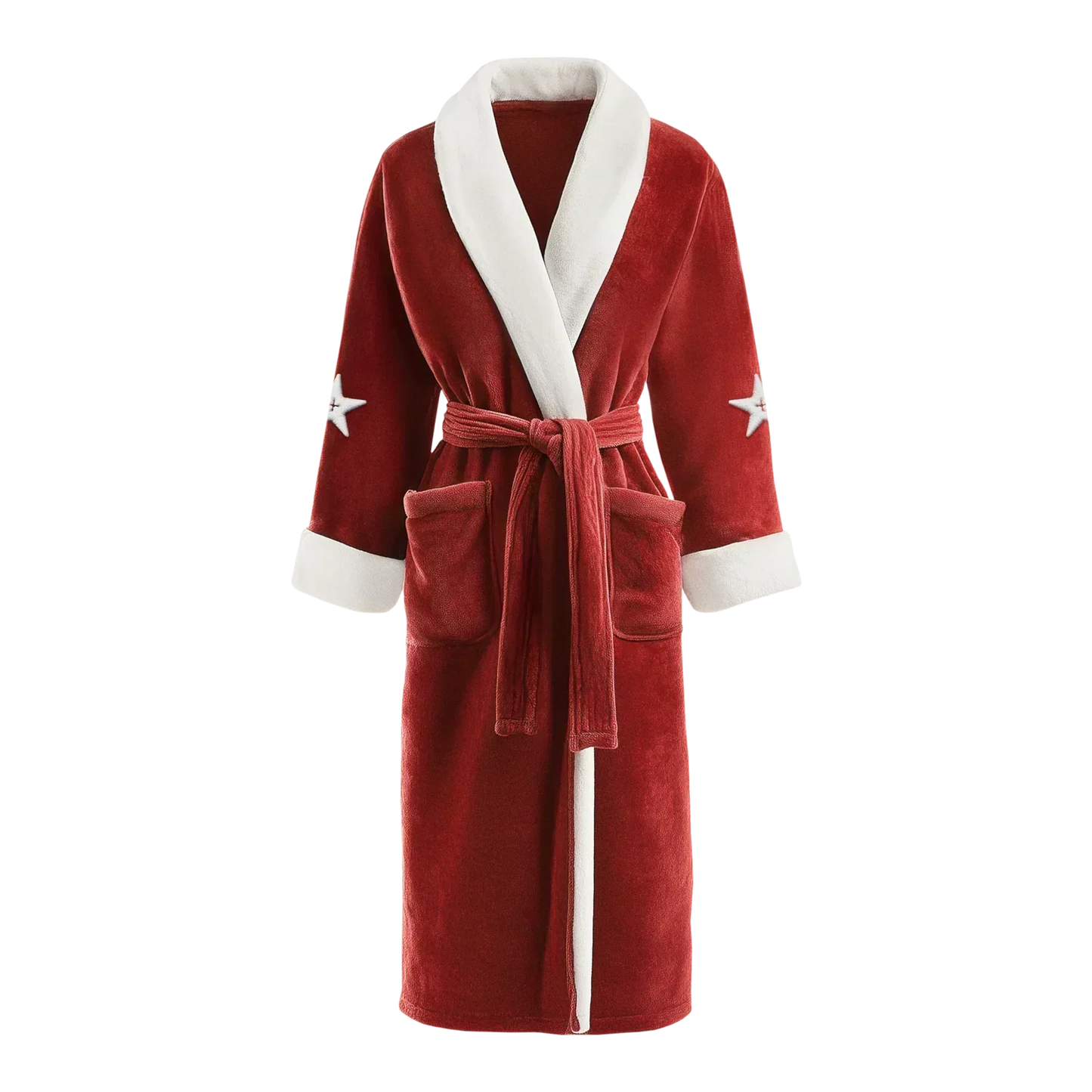 Been Cozy red robe with white trim, waist tie, and front pockets, Beyoncé merch front view