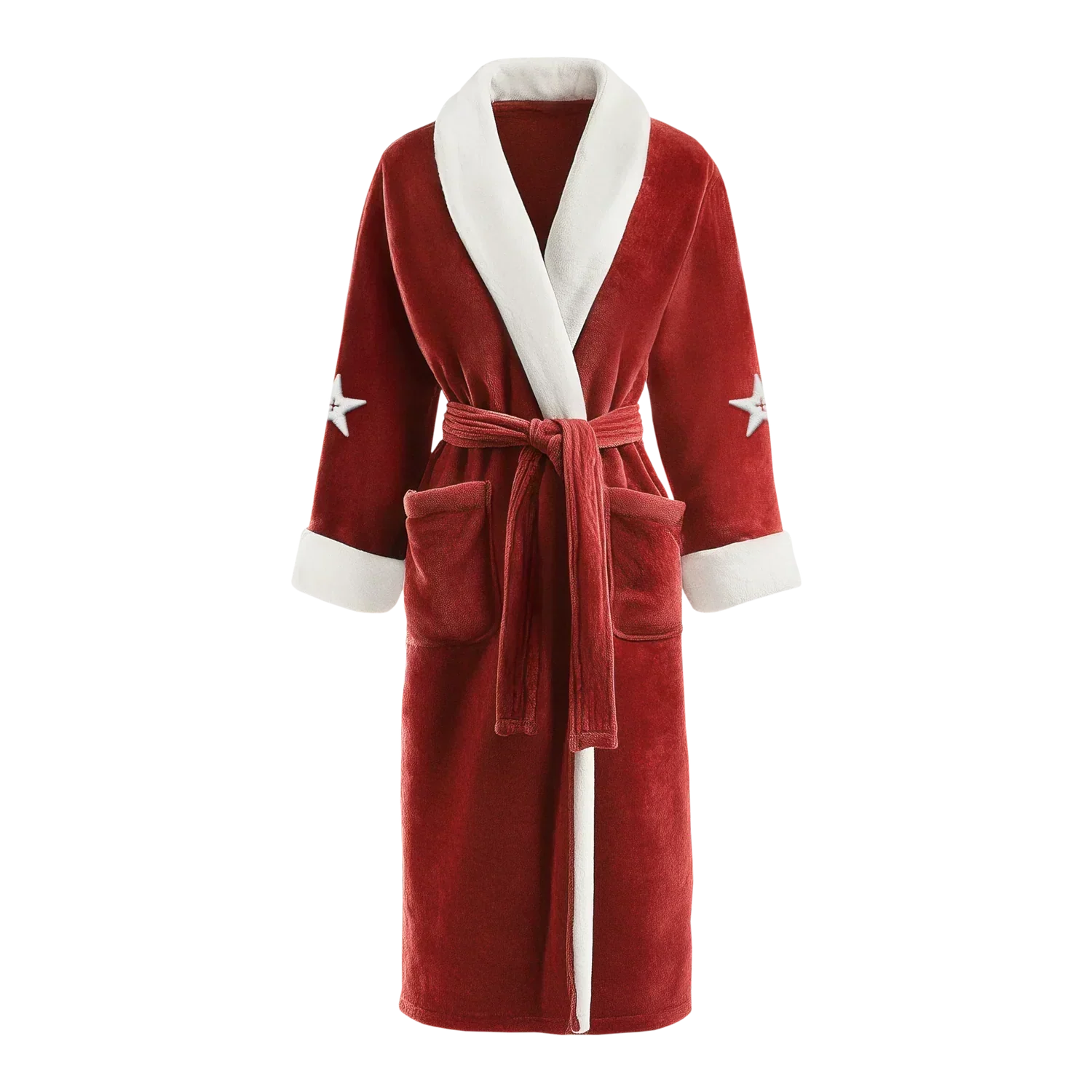 Been Cozy red robe with white trim, waist tie, and front pockets, Beyoncé merch front view
