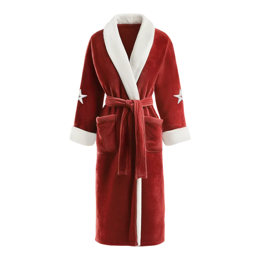 Been Cozy red robe with white trim, waist tie, and front pockets, Beyoncé merch front view