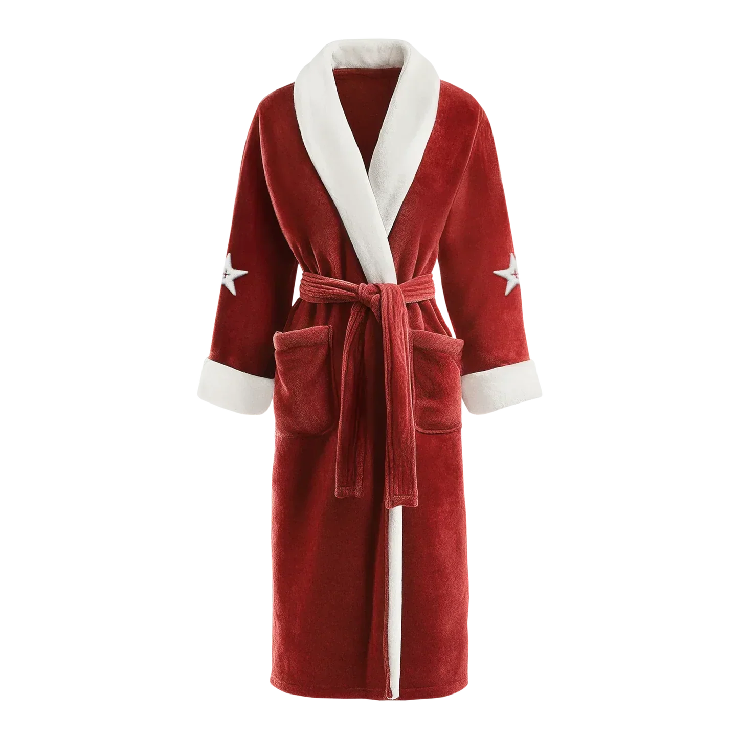 Been Cozy red robe with plush white collar and sleeve trim, Beyoncé merch front view