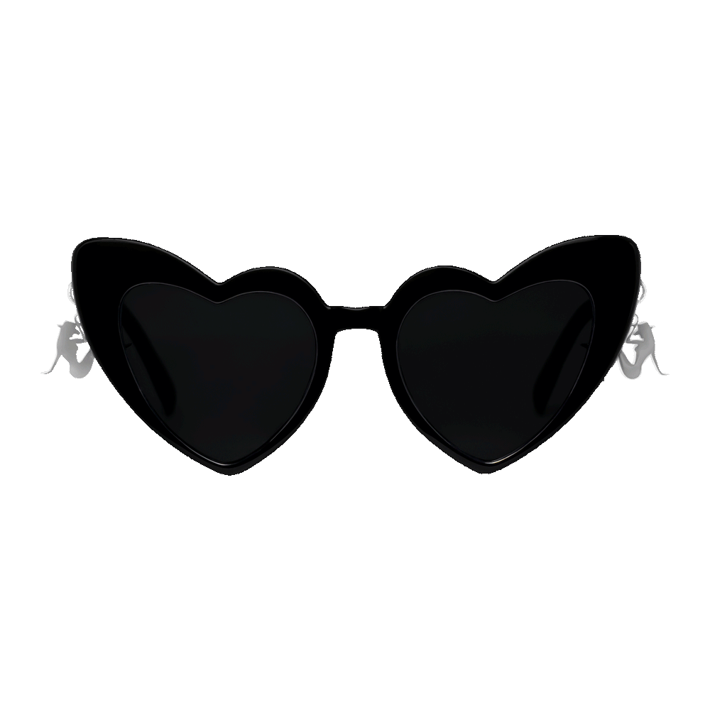 Black Beyoncé merch Beymine heart sunglasses front view with dark lenses and silver side charms
