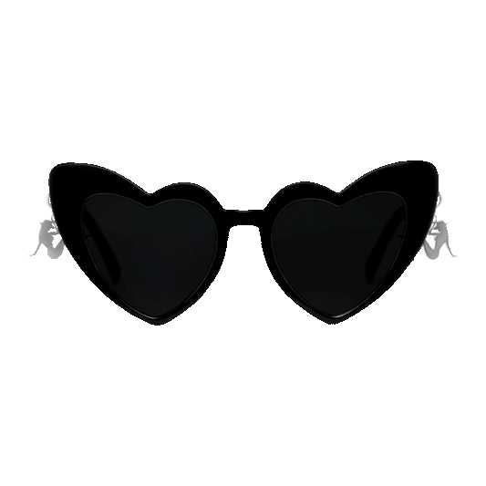 Black Beyoncé merch Beymine heart sunglasses front view with dark lenses and silver side charms
