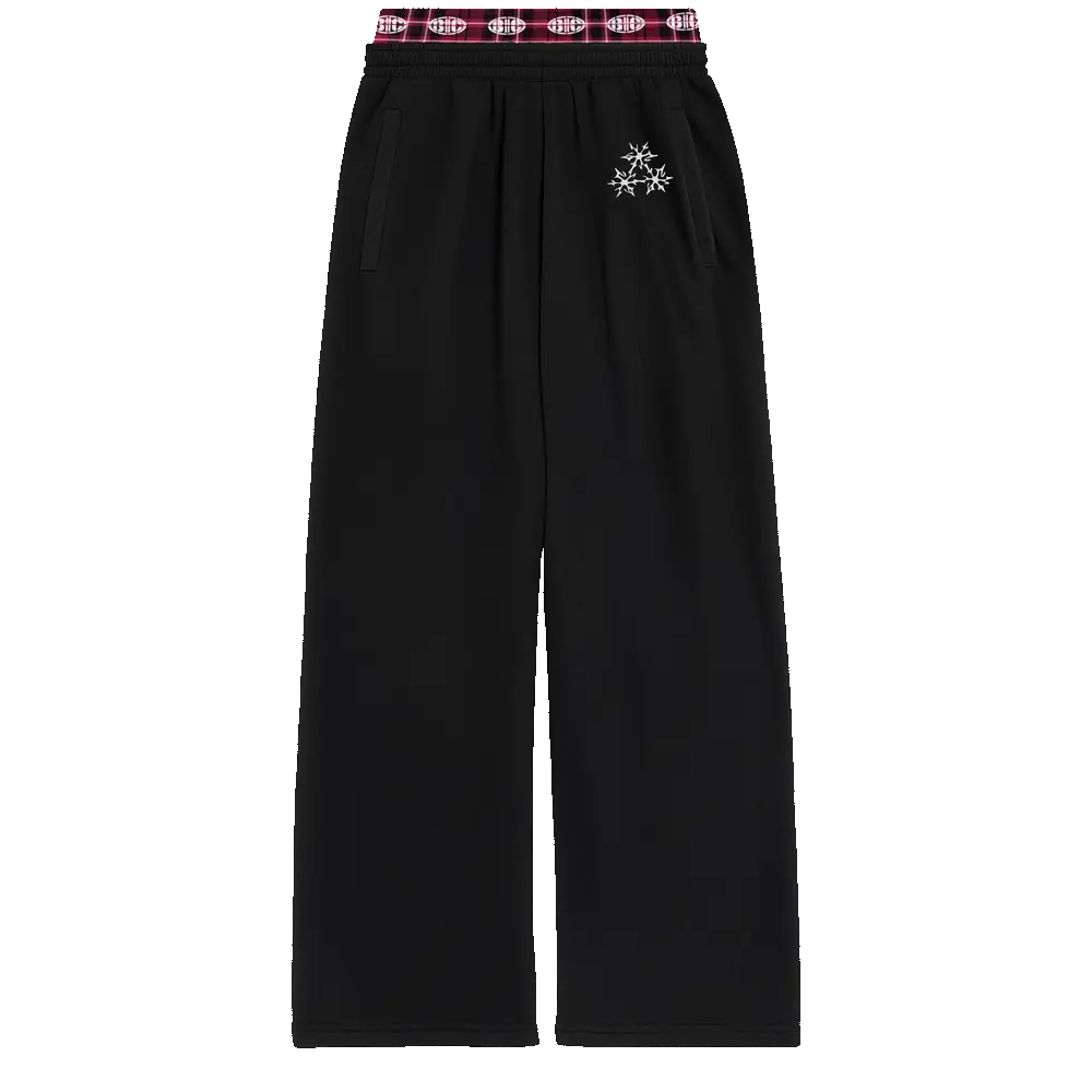 BIC black wide leg sweats with small white logo and plaid waistband, Beyoncé merch front view