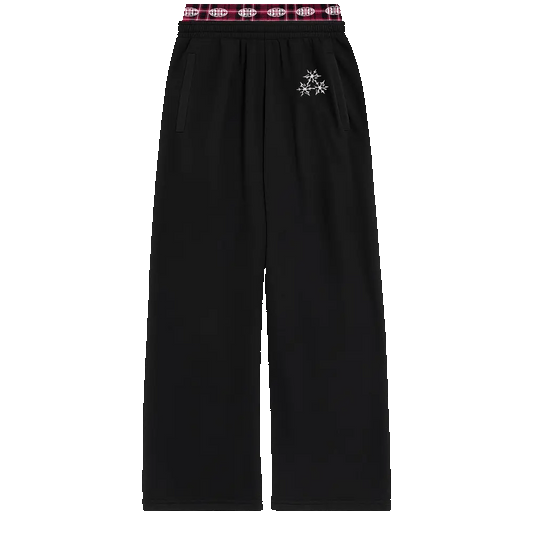 BIC black wide leg sweats with small white logo and plaid waistband, Beyoncé merch front view