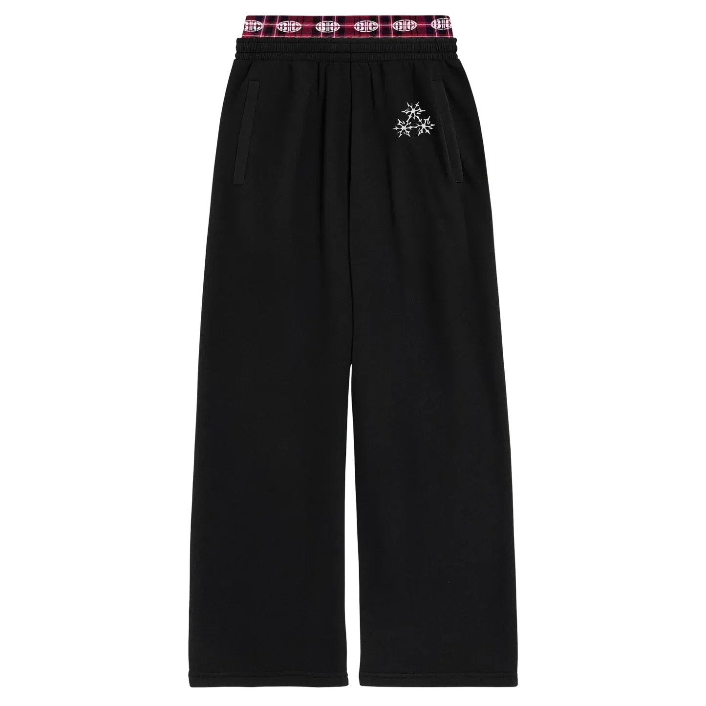 BIC black wide leg sweats with white emblem detail and plaid waistband, Beyoncé merch front view