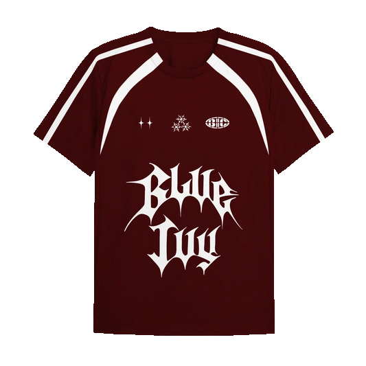 Beyoncé BIC red jersey front with white logo graphics and sporty stripe details