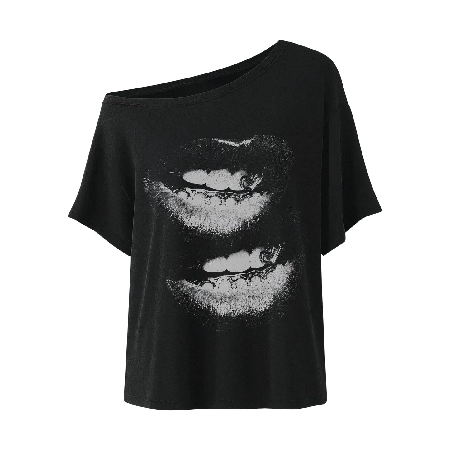 Black Beyoncé merch BIC off the shoulder top front view with bold white lip graphic