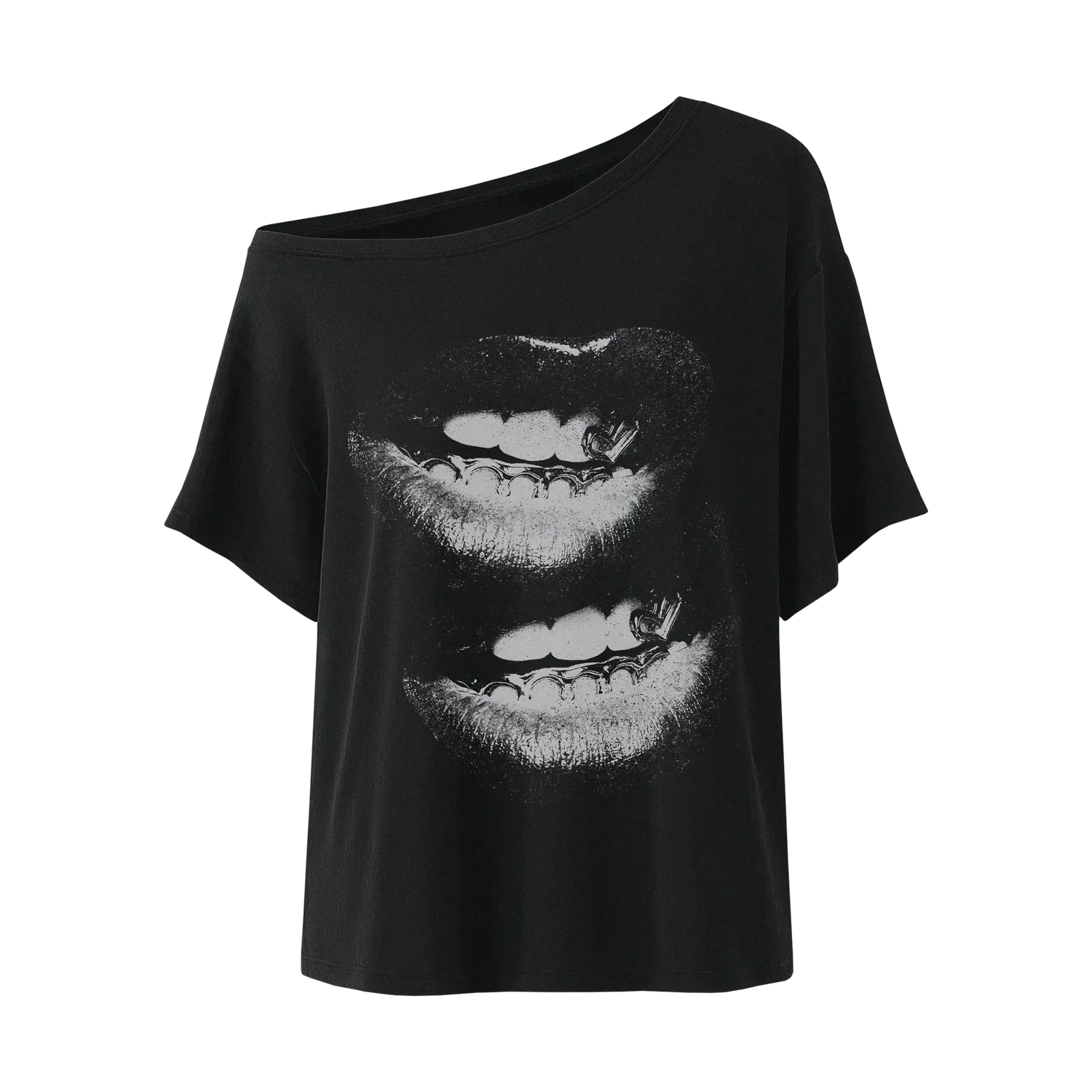 Black Beyoncé merch BIC off the shoulder top front view with bold white lip graphic