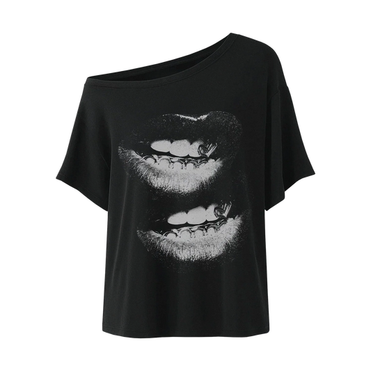 Black Beyoncé merch BIC off the shoulder top front view with bold white lip graphic