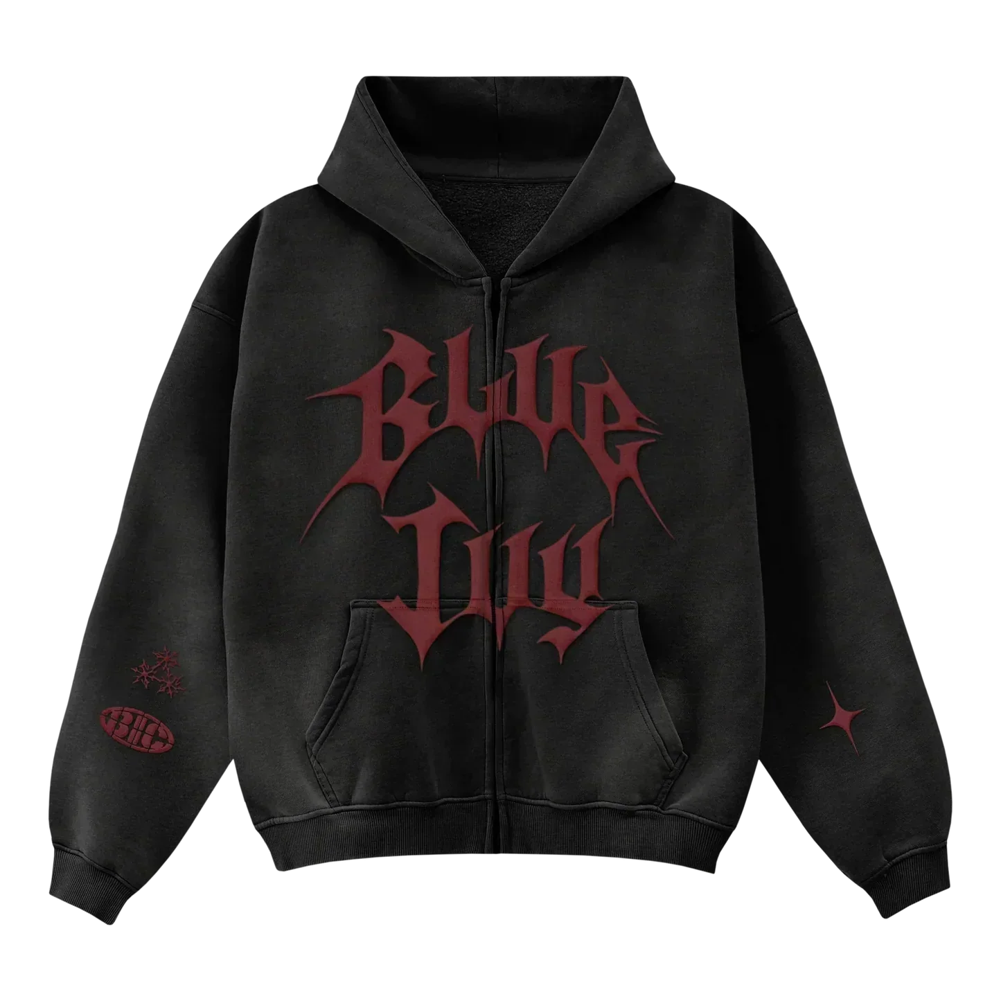 Beyoncé BIC zip hoodie back with dark charcoal wash, hooded silhouette, and subtle streetwear finish