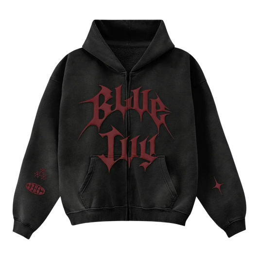 Beyoncé BIC zip hoodie back with dark charcoal wash, hooded silhouette, and subtle streetwear finish