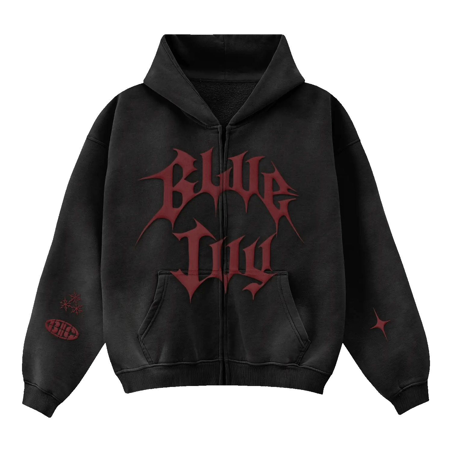 Beyoncé BIC zip hoodie front with dark charcoal wash, burgundy logo graphic, and sleeve details
