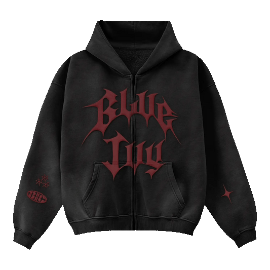 Beyoncé BIC zip hoodie front with dark charcoal wash, burgundy logo graphic, and sleeve details