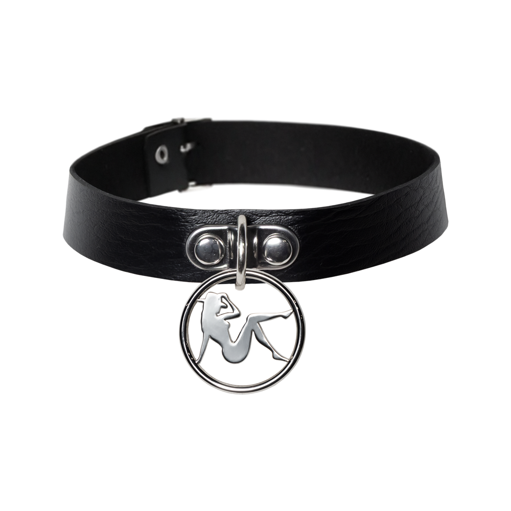 Bodyguard black choker with silver pendant charm, Beyoncé merch front view