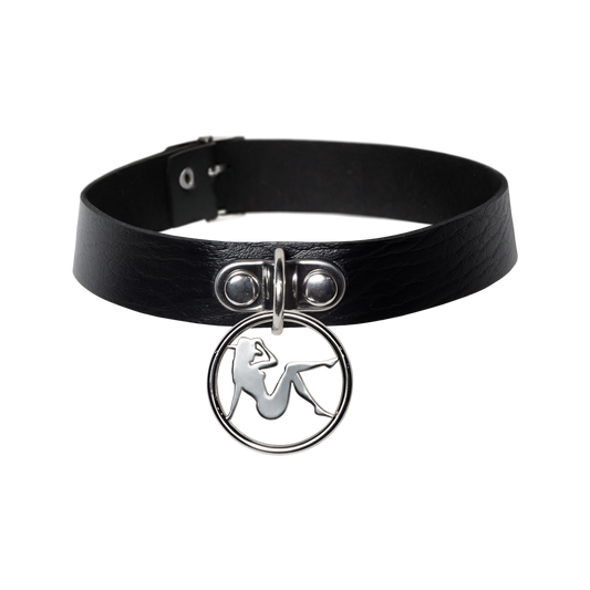 Bodyguard black choker with silver pendant charm, Beyoncé merch front view