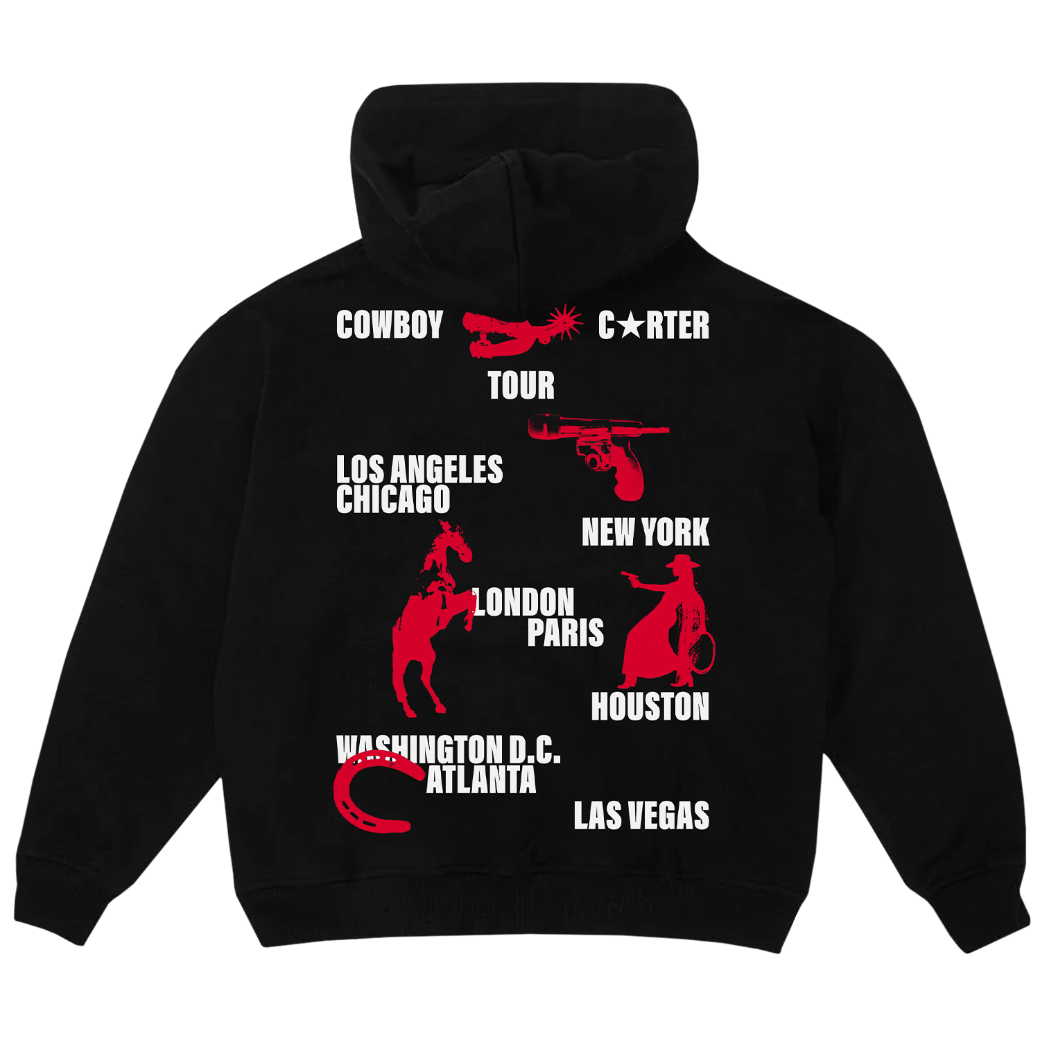Beyoncé Bodyguard black zip hoodie back with Cowboy Carter Tour graphics and city list