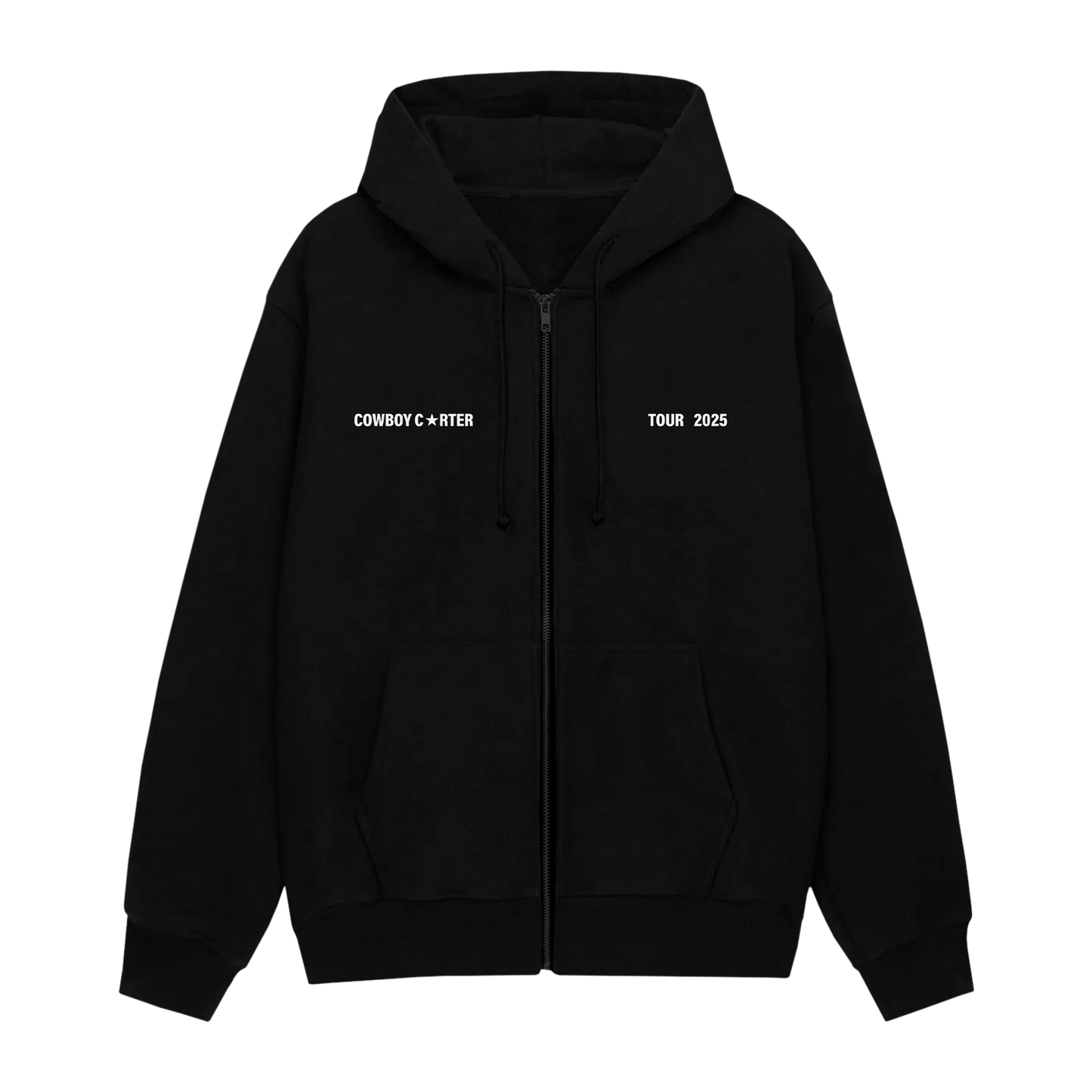 Beyoncé Bodyguard black zip hoodie front with Cowboy Carter Tour 2025 chest text