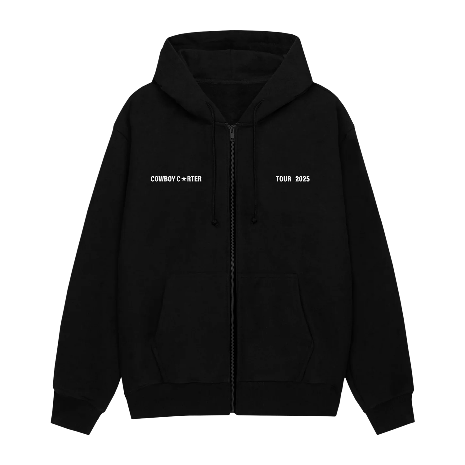Beyoncé Bodyguard black zip hoodie front with Cowboy Carter Tour 2025 chest text