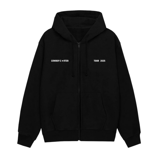 Beyoncé Bodyguard black zip hoodie front with Cowboy Carter Tour 2025 chest text