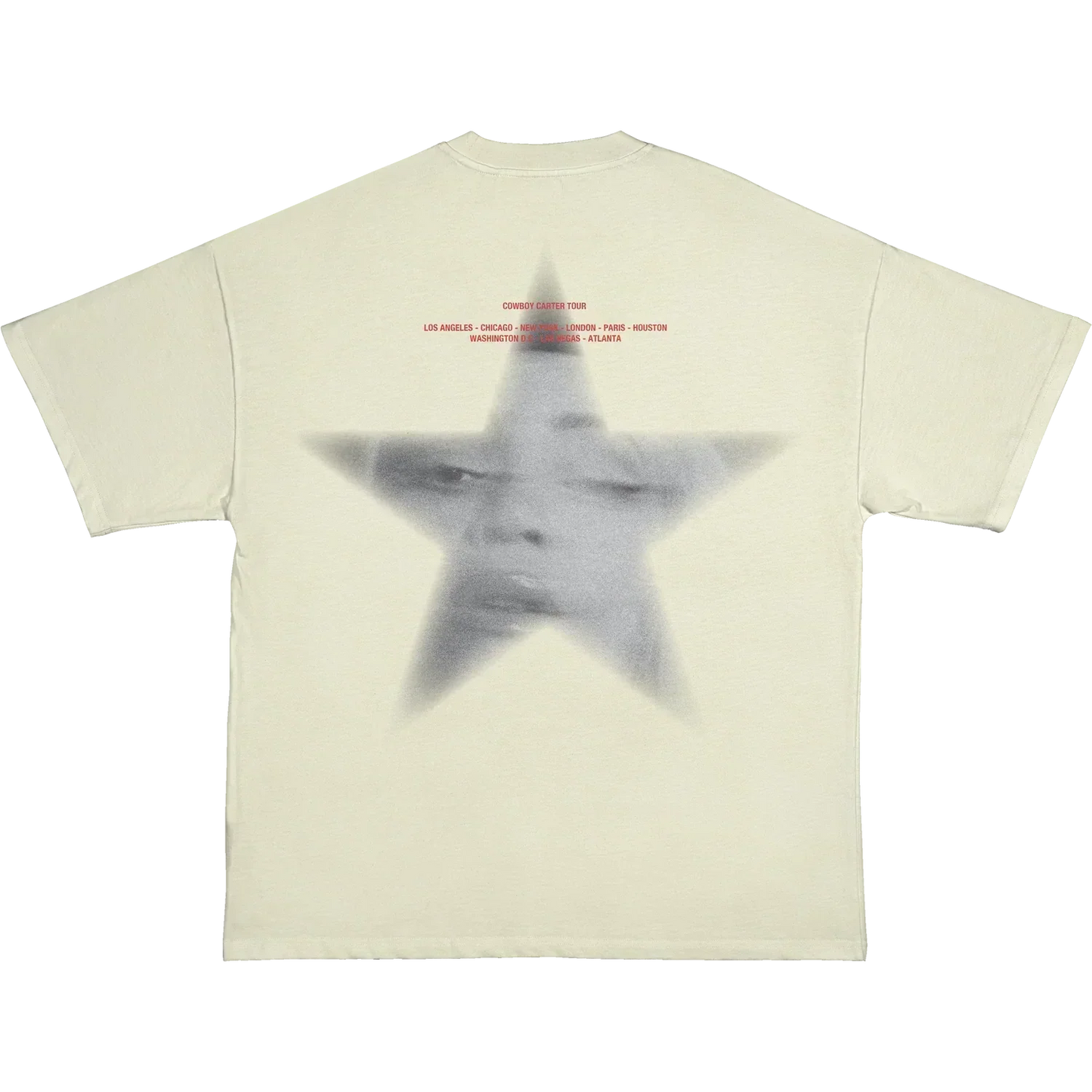 Beyoncé CCT Ghost Star tee front view with black CC horseshoe graphic on cream fabric