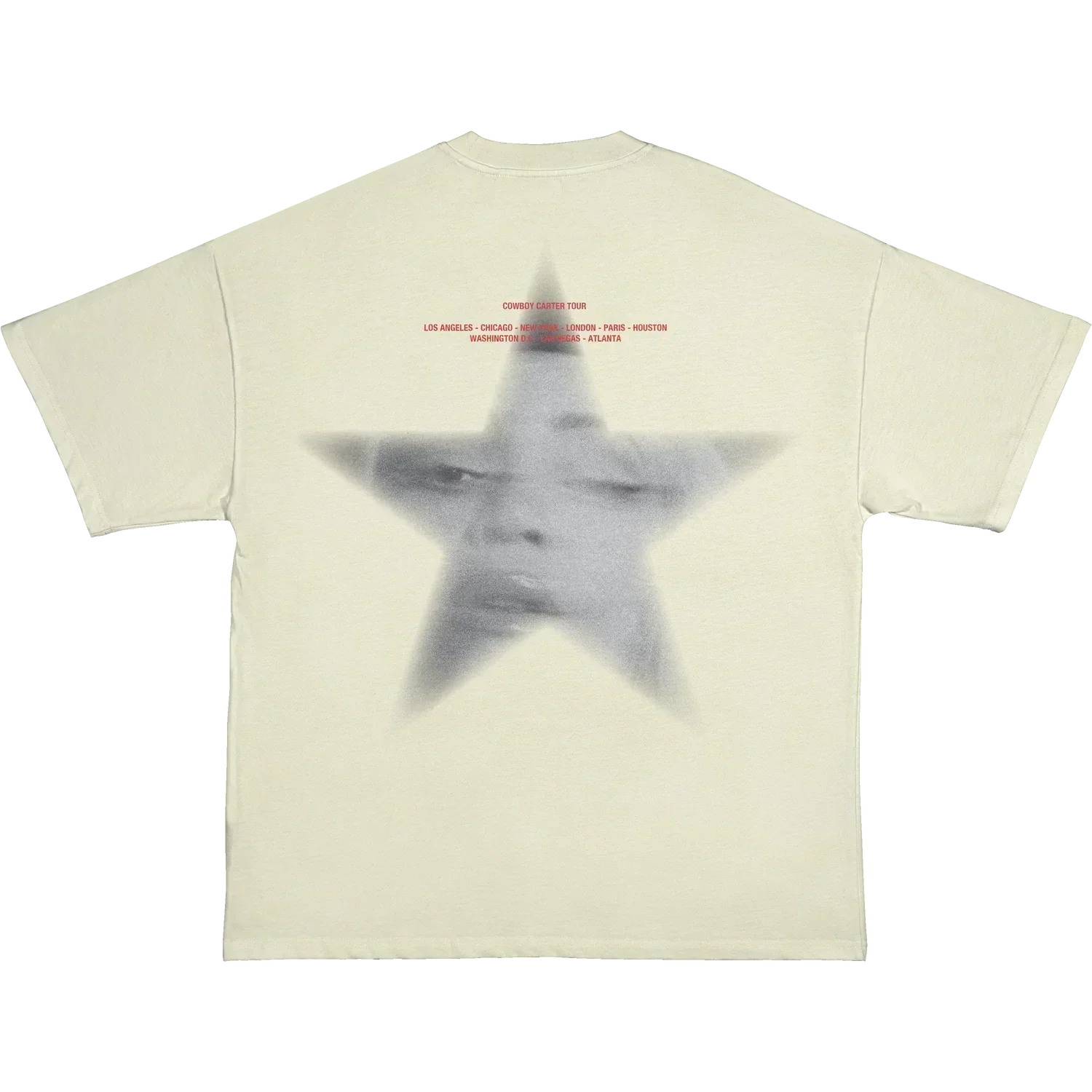 Beyoncé CCT Ghost Star tee front view with black CC horseshoe graphic on cream fabric